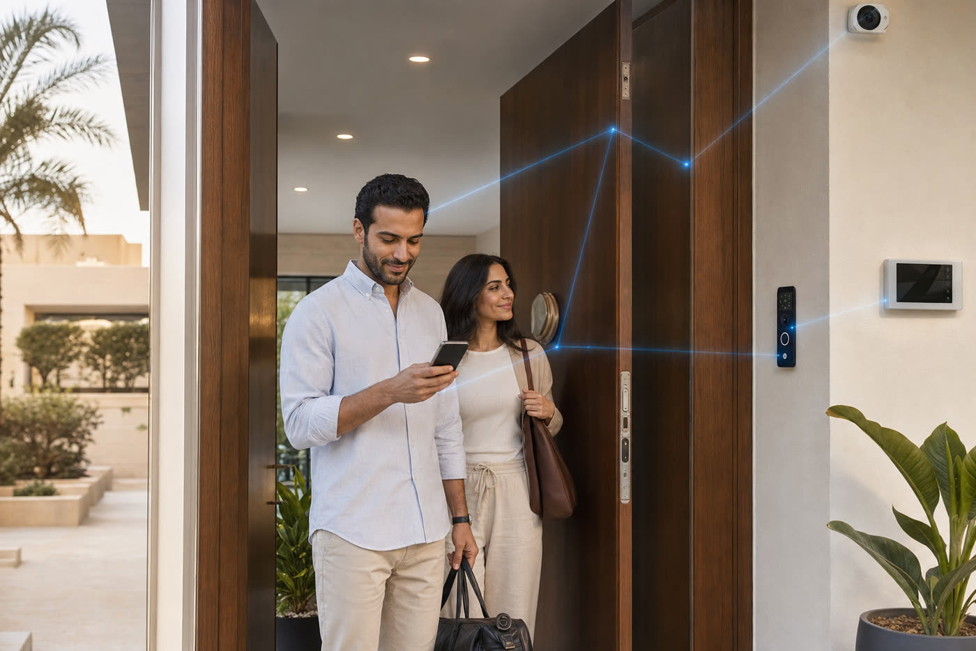 Egyptian Arab couple leaving home while activating smart lock, camera, and away mode from a phone