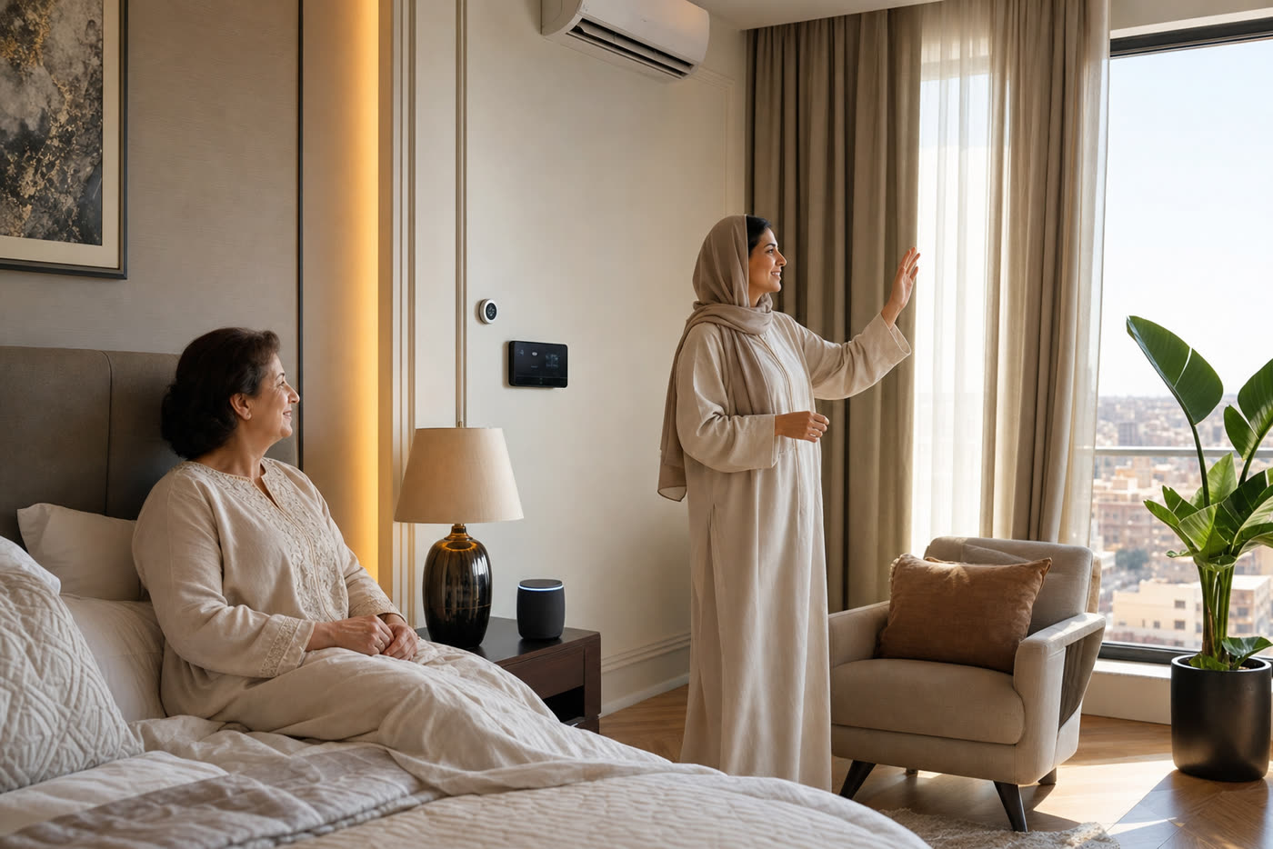 Egyptian Arab woman using voice or gesture to open curtains and adjust AC for an elderly parent