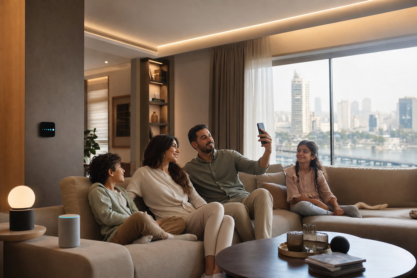 Egyptian Arab family in a Cairo apartment using a smartphone to control smart lighting and home devices